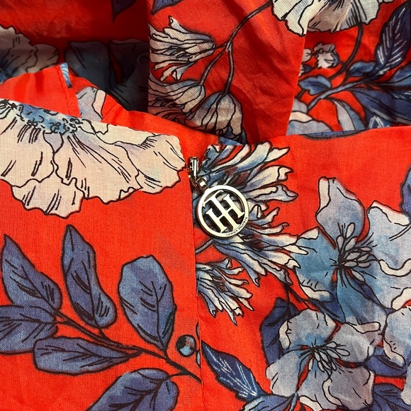 tommy hilfiger snatched red dress with blue florals & attached tie waist size 2 - Picture 8 of 10